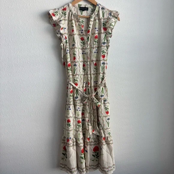 femme de lune Cream Tiered Floral Bohemian Midi Dress Ruffled Sleeve Tie Waist - Picture 2 of 9